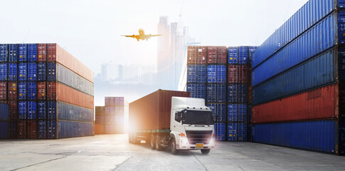 Double exposure of work area  industry and safety concept container truck ,ship in port and freight cargo plane in transport and import-export commercial logistic ,shipping business industry