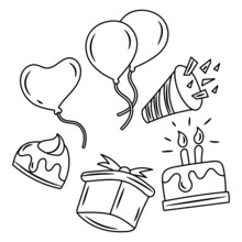 Doodle Birthday And Valentine Icon Set, Simple And Trendy Black White Hand Drawn Sketch Vector Objects
