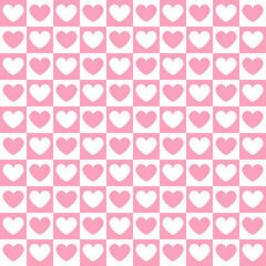 Wall Mural - Vector seamless pattern of pink colored chess board checkered texture and hearts isolated on white background