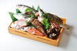 日本海の新鮮な魚　食材　籠盛り