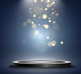 Wall Mural - round podium, pedestal or platform, illuminated by spotlights in the background. vector illustration