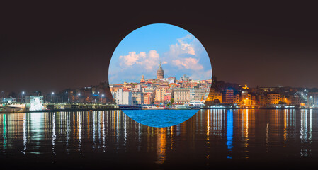 Wall Mural - Day and Night Concept - Galata Tower, Galata Bridge, Karakoy district and Golden Horn at morning, istanbul - Turkey