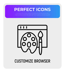 Wall Mural - customize browser thin line icon, web page with paint palette and brush. modern vector illustration.