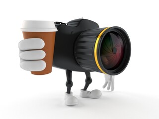 Canvas Print - Camera character holding coffee cup