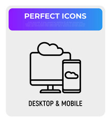 Wall Mural - cloud computing thin line icon, smartphone sync with desktop. modern vector illustration.