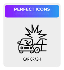 Car accident thin line icon: two cars are crashed each other. Modern vector illustration.