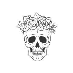 Wall Mural - skull decorated with a wreath of roses. line drawing. vector illustration