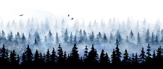 Wall Mural - seamless pattern with winter spruce forest. watercolor painting isolated on white background.