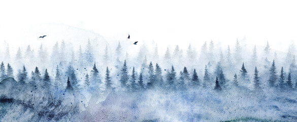 Wall Mural - seamless pattern with winter spruce forest. watercolor painting isolated on white background.