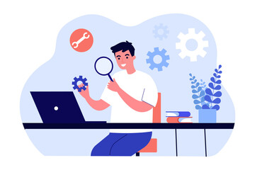 Wall Mural - young technician examining settings flat vector illustration. man analyzing gears while sitting in f