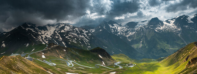 Poster - Wide Panorama Vista at High Alpine Mountains and Grossglockner Glacier Roadin Salzburg Austria