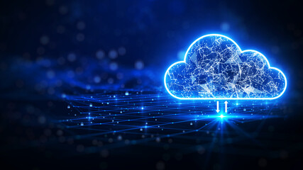 Poster - cloud computing. The data transfer and storage concept consists of a white polygonal interconnected structure within it. Dark blue background with small padlocks scattered on the background.