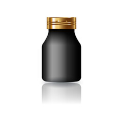 Wall Mural - Blank black round supplements, medicine bottle with gold cap lid for beauty or healthy product.