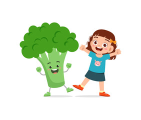 Wall Mural - cute little girl stands with broccoli character