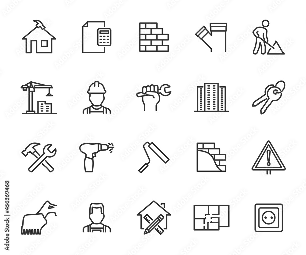 Vector set of construction line icons. Contains icons builder, estimate ...
