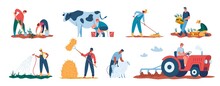 Agricultural Workers Harvesting Plants, Farmers Working In Field. Farmer Watering Crops, Shearing Sheep, Tilling Soil With Tractor Vector Set. Character Milking Cow, Collecting Potatoes