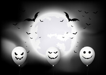 Halloween Background With Balloons And Bats Against Moon Landscape