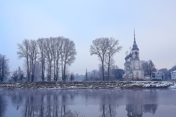 Wall Mural - winter landscape church on the banks of the freezing river in vologda, christianity baptism russia christmas