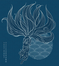 Vector Abstract Illustration Of Japanese Fantasy Creature Nine Tailed Fox Kitsune In Blue And Silver Colours