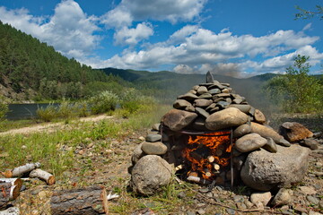 Russia. Chita region. The initial stage of preparing a hiking bath 