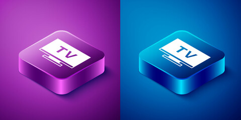 Canvas Print - Isometric Smart Tv icon isolated on blue and purple background. Television sign. Square button. Vector