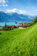 Wall Mural - view on the town and interlaken lake. natural landscape. landscape in the switzerland at the day tim