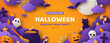 Happy Halloween banner or party invitation background with clouds, bats and pumpkins in paper cut style. Vector illustration. Full moon in orange sky, spiders web and witch cauldron. Place for text