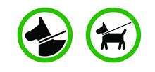 Walking With The Dog, Keep Your Dog On A Leash. Cartoon Walk With Hound And Lead Icon. Pet On Lead Allowed Only. Vector Stick Figure Dog Pictogram. Silhouette Of A Dog. Stickfigure Or Stickman Logo