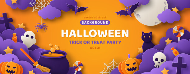 happy halloween banner or party invitation background with clouds, bats and pumpkins in paper cut st