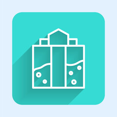 White line Mine entrance icon isolated with long shadow background. Green square button. Vector