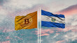 salvador flag and Bitcoin Flag waving over blue sky
