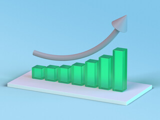 3D rendered bar diagram in green and light colors. Illustration for technologies, analysis, or future investments. Visualization for data charts and sustainability.