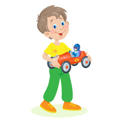 Wall Mural - Funny  boy with a red racing car in his hands. In  cartoon style. Isolated on white background. Vector flat illustration