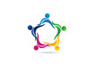 Logo teamwork unity partnership group of five people holding hands in a  hug  icon vector image design