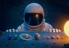 Astronaut In Space Looking At Planets That Are On A Table. 3d Solar System. 3d Illustration. 3d Render