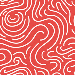 Wall Mural - Organic wavy line seamless vector pattern. White flowing doodle line work illustration on vibrant red background. Abstract movement, flow repeat background wallpaper texture in modern minimalist style