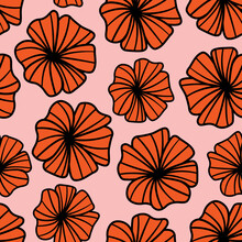 Bold Orange Retro Floral Seamless Vector Pattern. Large Abstract Flower Illustrations On Pink Coloured Background. Minimal, Bright, Fun, Funky, Decorative Print. Repeat Backdrop Wallpaper Texture. 