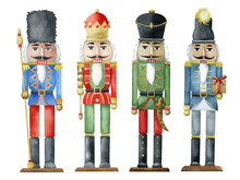 A Watercolor Set Of Four Hand-drawn Nutcracker Soldiers. A Christmas Card. Winter Holidays.