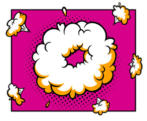 Wall Mural - Surprising boom cloud in halftone background for sales and promotions. Banner template for surprises and bursting events. Vector illustration in pop art style