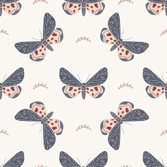 Wall Mural - Seamless pattern with boho butterfly. Insect with celestial elements. Witch and magic symbol for textile, fabric, prints. Abstract hand drawn vector illustration in bohemian style.