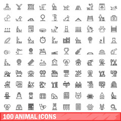 Wall Mural - 100 animal icons set. Outline illustration of 100 animal icons vector set isolated on white background