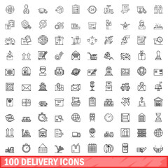 Wall Mural - 100 delivery icons set. Outline illustration of 100 delivery icons vector set isolated on white background