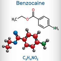 Sticker - Benzocaine molecule. It is local anesthetic. Structural chemical formula and molecule model