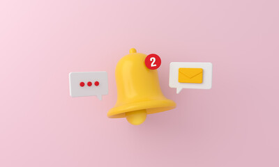 Notification message bell icon alert and alarm mail on pink background.