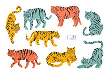 Set With Tigers In Different Poses. Hand Drawn Vector Illustration