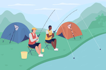 Wall Mural - Male tourists fishing flat color vector illustration. Campers on weekend. Relax in wilderness. Recreation in nature. Men camping in wilderness 2D cartoon characters with landscape on background