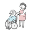© miio - 車椅子に座るシニア男性と車椅子をおす若い女性