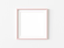 Single Square Pink Frame Picture Hanging On White Wall. Empty Template For Adding Your Content. 3D Illustration.