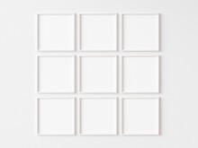 Symmetrical Composition Of Nine Square White Picture Frames Isolated On White Background. Empty Template For Adding Your Content. 3D Illustration.