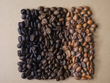 Different Types Of Roasts Coffee Beans. Light Roasted, Medium Roasted And Dark Roasted